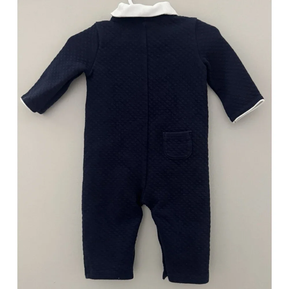 Janie And Jack Baby Boy Peter Pan Collared Quilted Navy/White Jumpsuit Size 3/6
